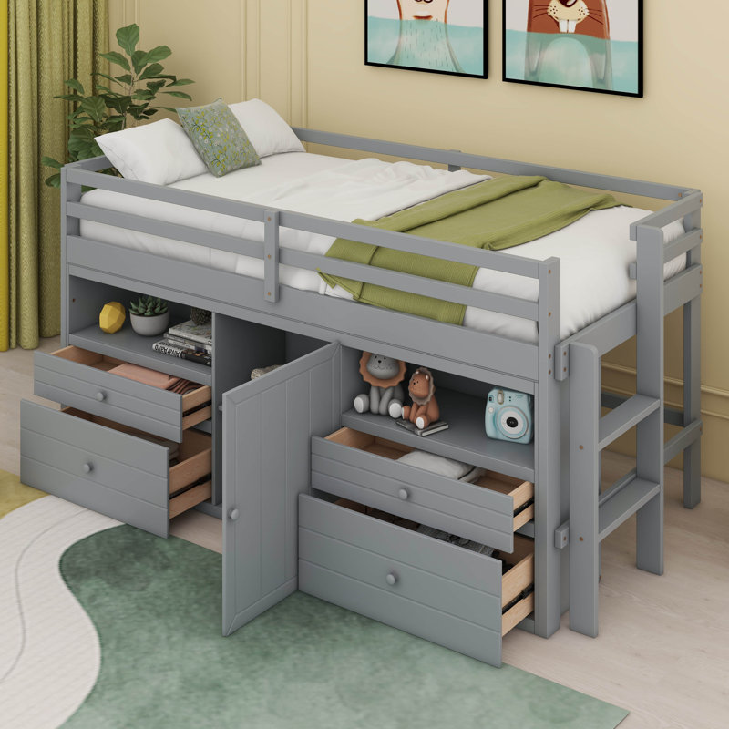 Lit mezzanine simple Leda avec 4 tiroirs, sous l'armoire et les tablettes, gris