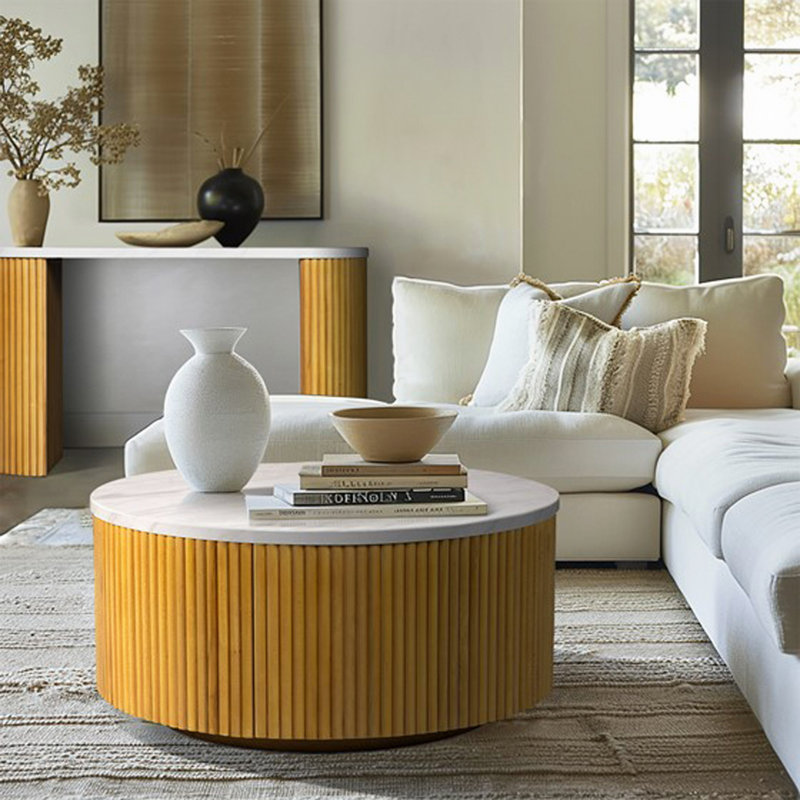 Table basse ronde en simili marbre avec rangement naturel / faux marbre Voir ci-dessous