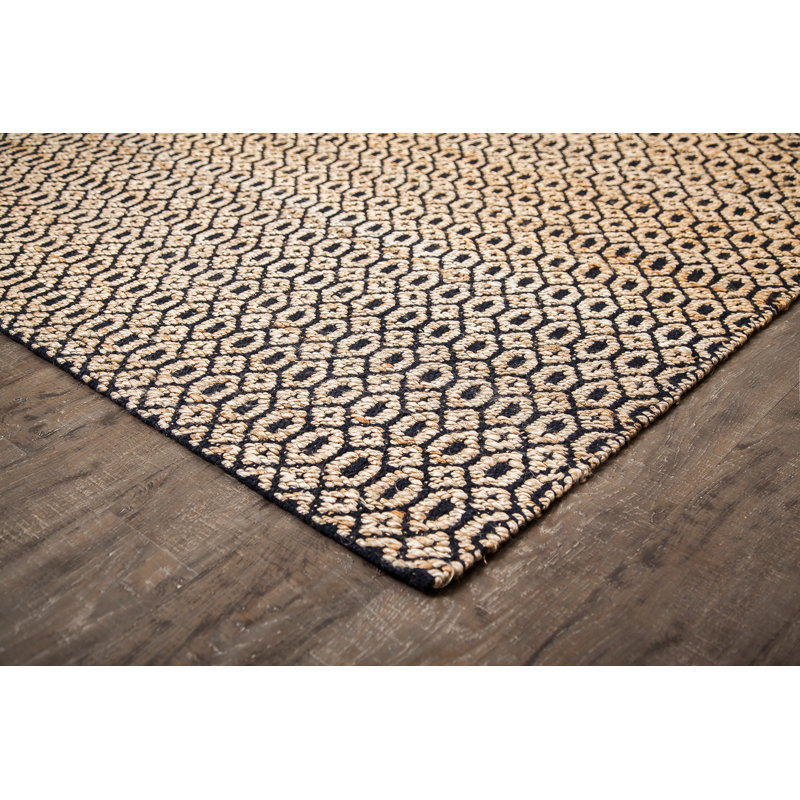 Handwoven Black and Tan Geometric Jute Cotton Rug, 4' x 6'