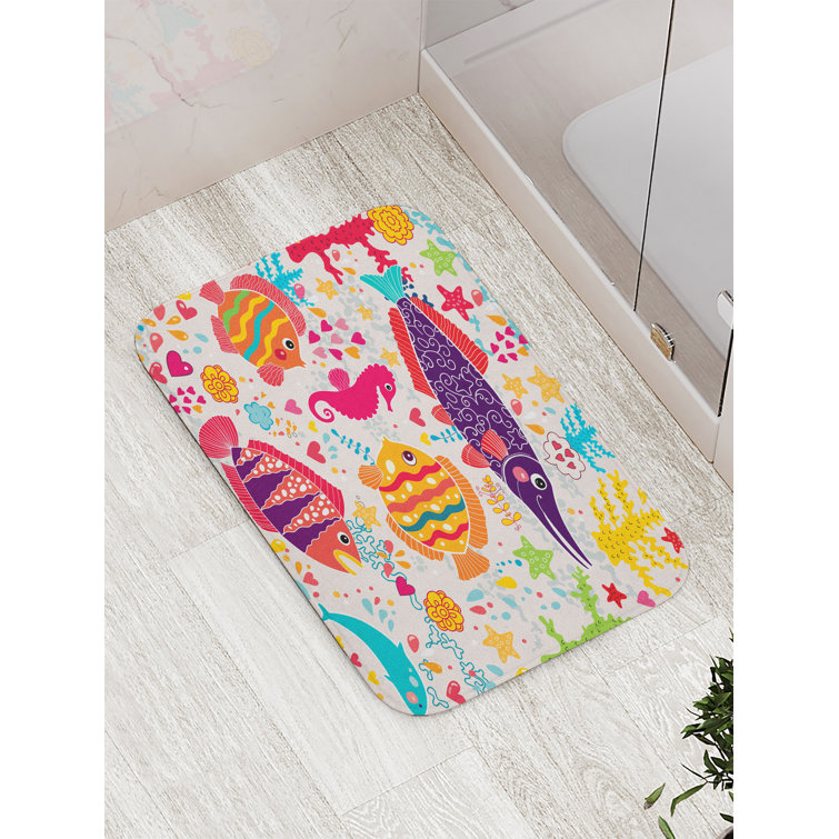 Multicolor Sea Animals Plush Bath Mat with Anti-Slip Backing