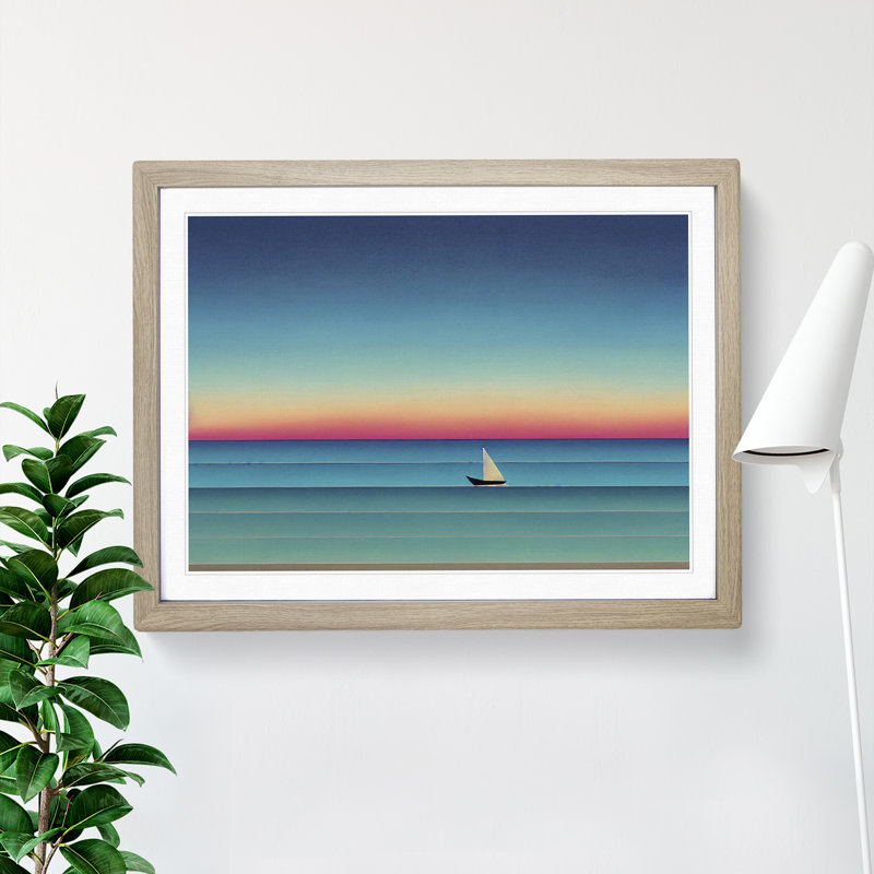 Boat on a Striped Ocean 1 Piece Single Picture Frame Wall Art, 34cm H x 46cm W x 2cm D, Oak Framed
