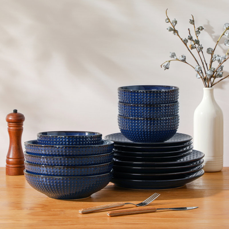 Ensemble de 16 pièces de vaisselle en argile gaufrée bleue au four d'élégance rétro française, artisanat artisanal, 4 personnes, convient pour la maison, la fête, le festival, le cadeau