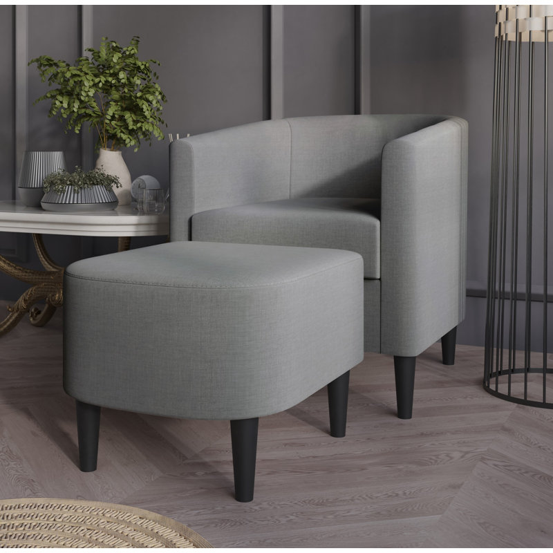 Upholstered Armchair and Ottoman Set, Light Gray Linen