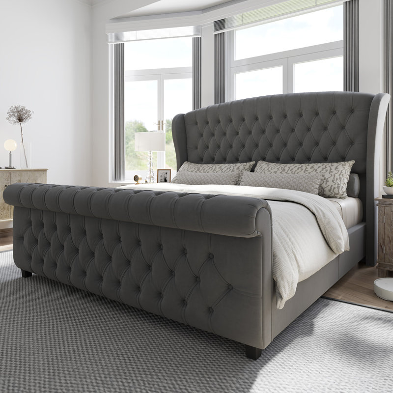 Lit-bateau tapissier Dulane, gris, Grand