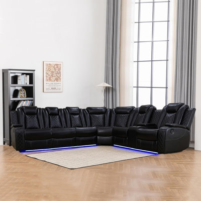 Aaroosh 3 - Piece 210" Black Vegan Leather Electric Power Reclining Living Room Sectional Sofa Set with LED Lights and Wireless Charger