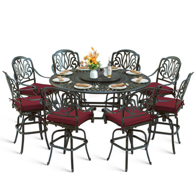  Ensemble de salle à manger d'extérieur 10 pièces pour terrasse haute, ensemble de table et chaises de bar en aluminium coulé antirouille, comprenant 8 tabourets de bar pivotants et table de salle à manger à hauteur de bar de 61 po avec plateau tournant 24 po, trou pour parasol