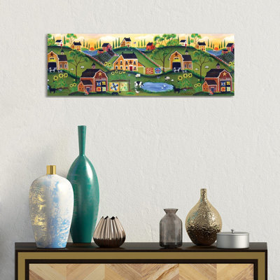 Red Quilters Barn Country Folk Art Farm 1 Piece Panoramic Wall Art on Canvas