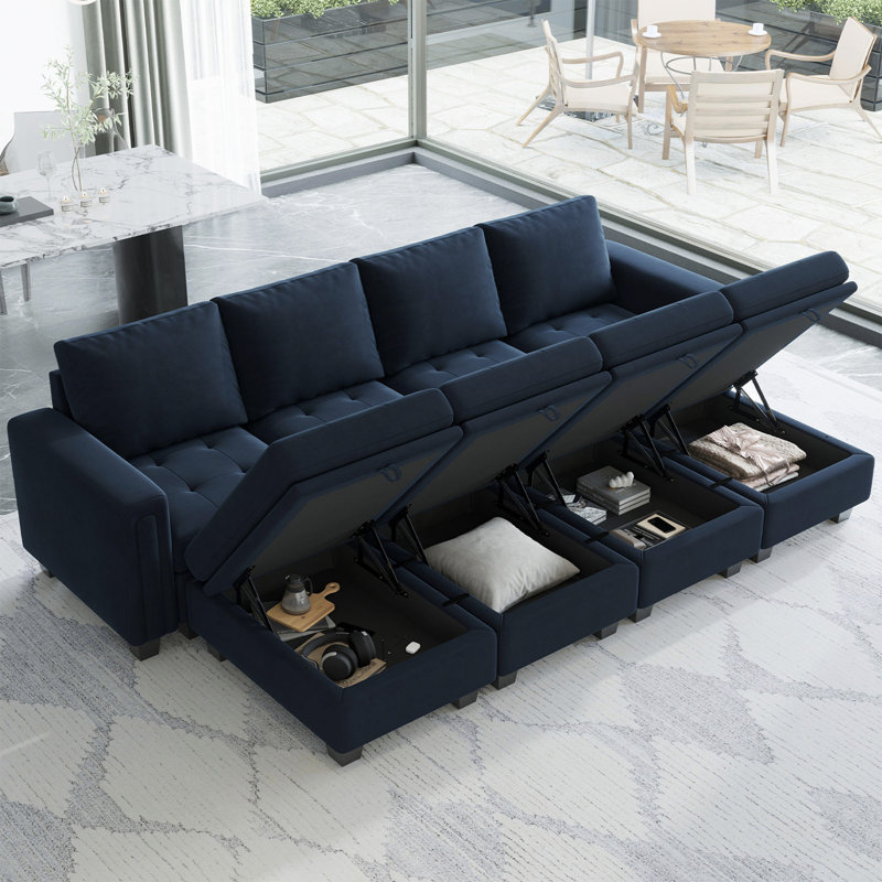 Shavera 7 - Piece Velvet Sectional Sofa Convertible Sleeper Sofa Bed Apartment Couch with Storage Ottomans, Blue Velvet
