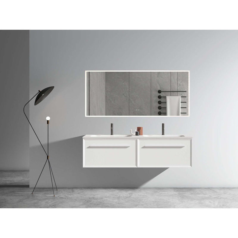 Meuble-lavabo mural moderne avec tiroir à lumière DEL automatique et lavabo intégré, Blanc