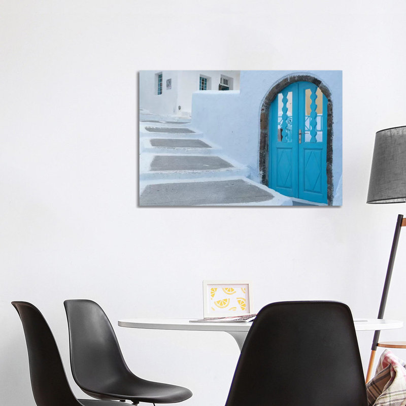 Greece, Santorini. Blue door livens up a quiet alley of white-washed homes in Pyrgos. 1 Piece Wrapped Canvas Wall Art