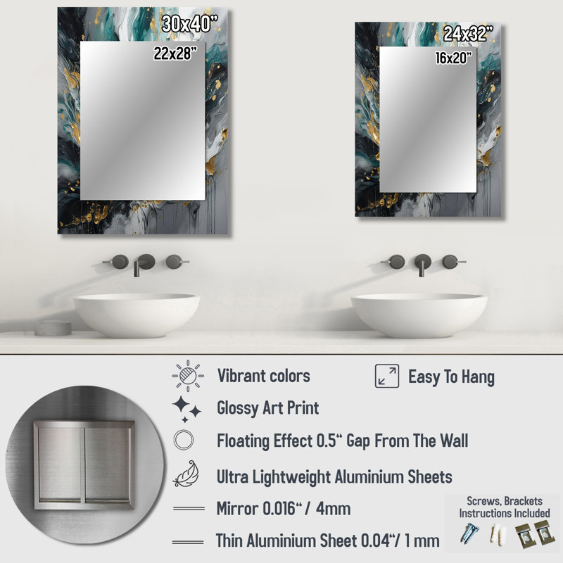 Gold Teal Ink On Stone - Abstract Decorative Mirror On Metal, 32" x 24"
