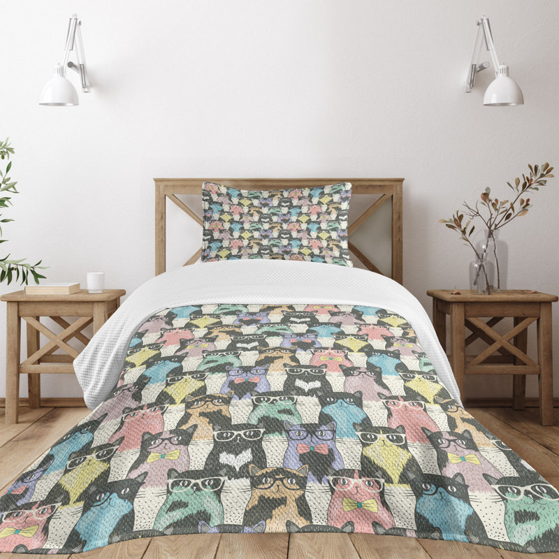 Hipster Cats Multicolor Twin Polyester Bedspread Set