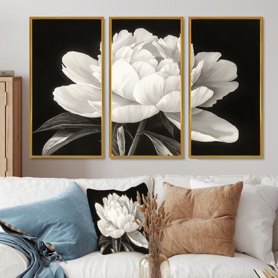 Pivoine blanche et noire élégante II - art mural pivoines - ensemble de 3