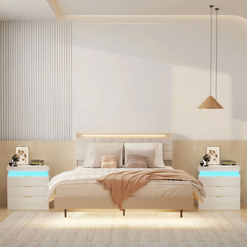 3-Pieces Bedroom Sets,Floating Bed Frame With LED Light And Charging Station  And Two Nightstands With Charging Station, King