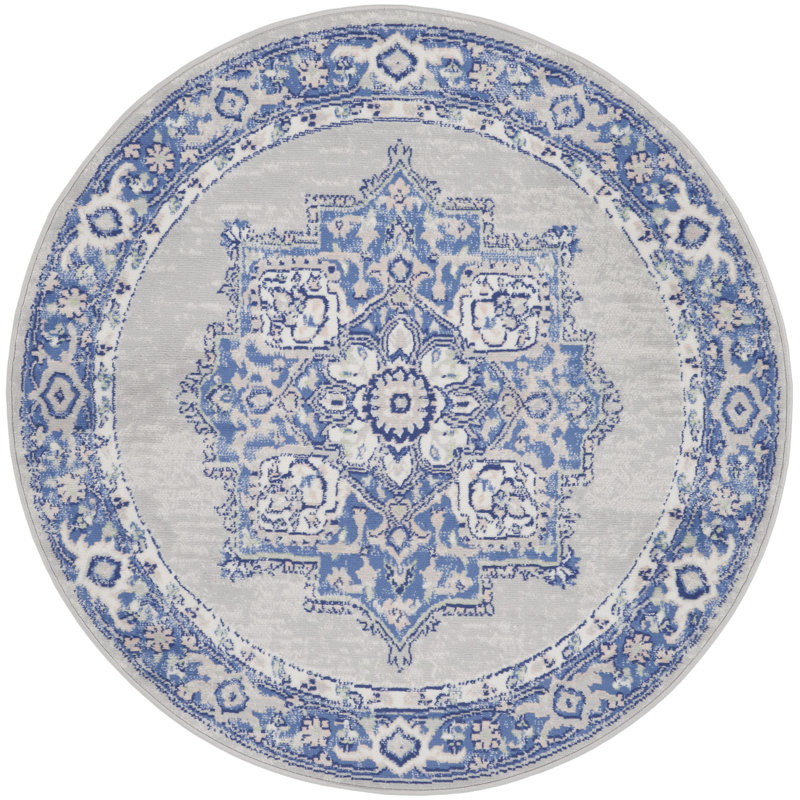 Tapis oriental en polypropylène bleu / beige tissé à la machine, Rond 5 pi