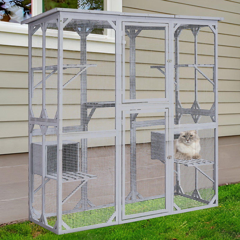 Gray 72" Outdoor Wooden Cat Enclosure with Platforms