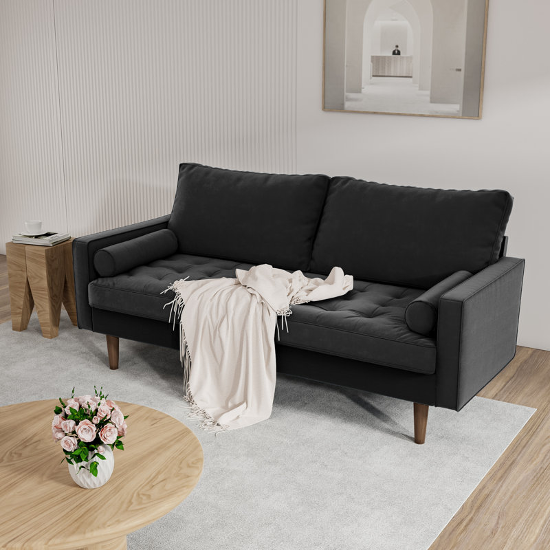 Collington 70" Square Arm Tufted Seat Sofa, Black Velvet