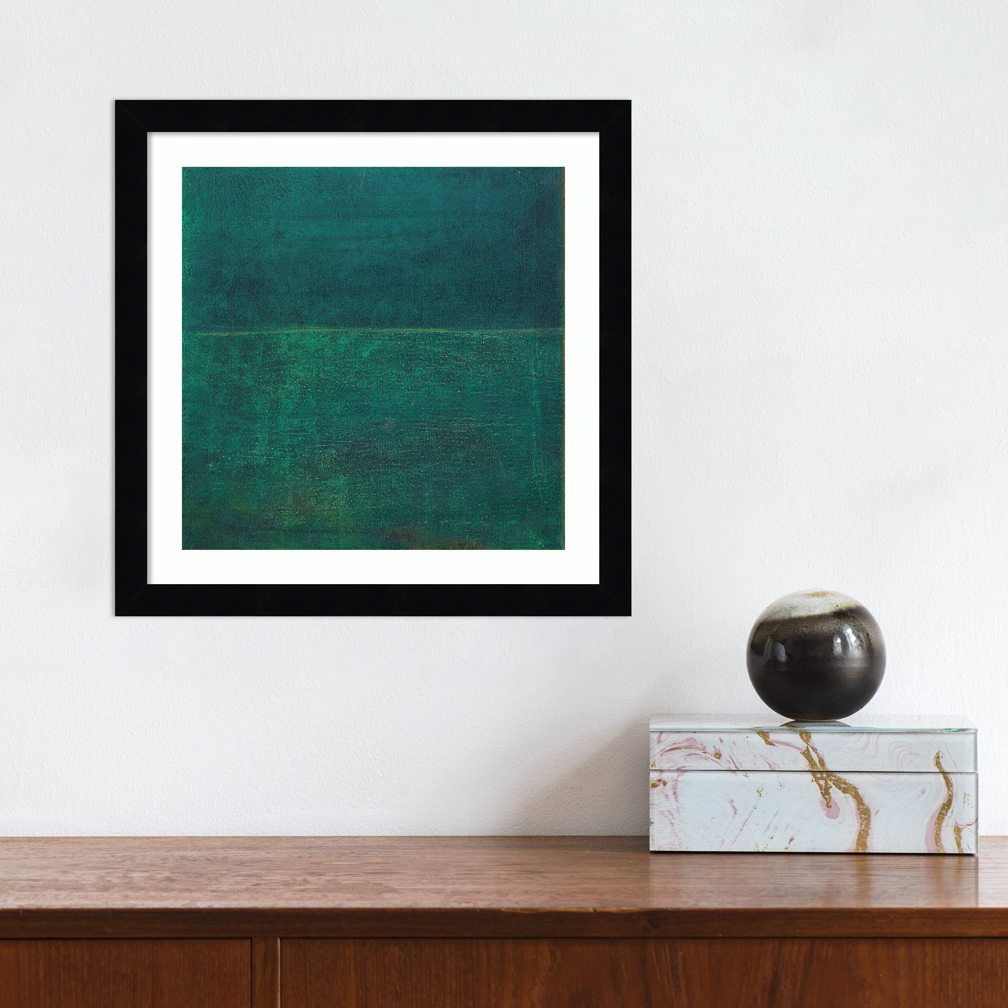 Green Zen I by Jodi Fuchs, 25.12" H x 25.12" W x 0.88" D, Black Framed Paper