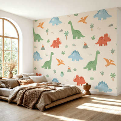 Wall Mural Peel and Stick Wallpaper Baby seamless dinosaurs Funny flat animals Colorful childish print Self-Adhesive Removable Contact Paper Wall Decor for Living Room Bedroom 69"H x 96"W