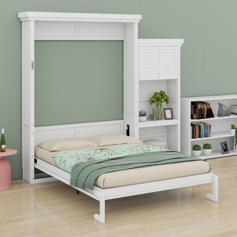 Lit escamotable avec tablettes de rangement et décoration à persiennes, Blanc