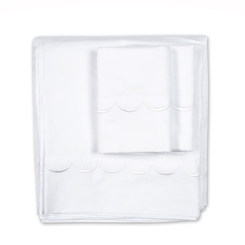 Ensemble de draps 100% coton 600 fils Camillo Scallop, Blanc, Ensemble de draps pour grand lit + un drap-housse 
