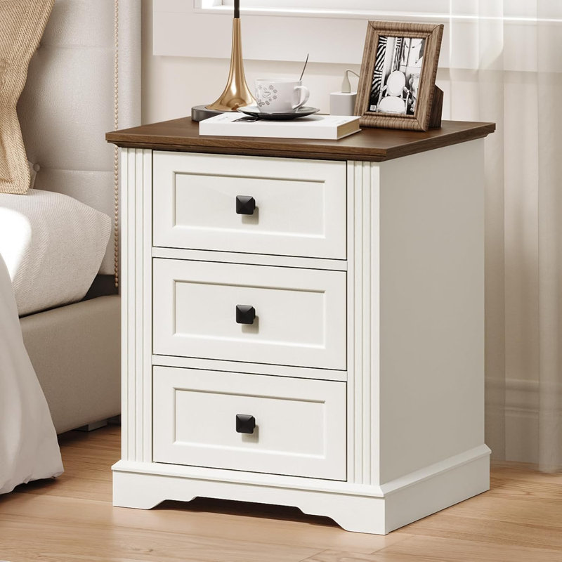 Table de chevet de style ferme avec 3 tiroirs, table d'appoint de 45 cm de large avec station de recharge, table de chevet pour salon