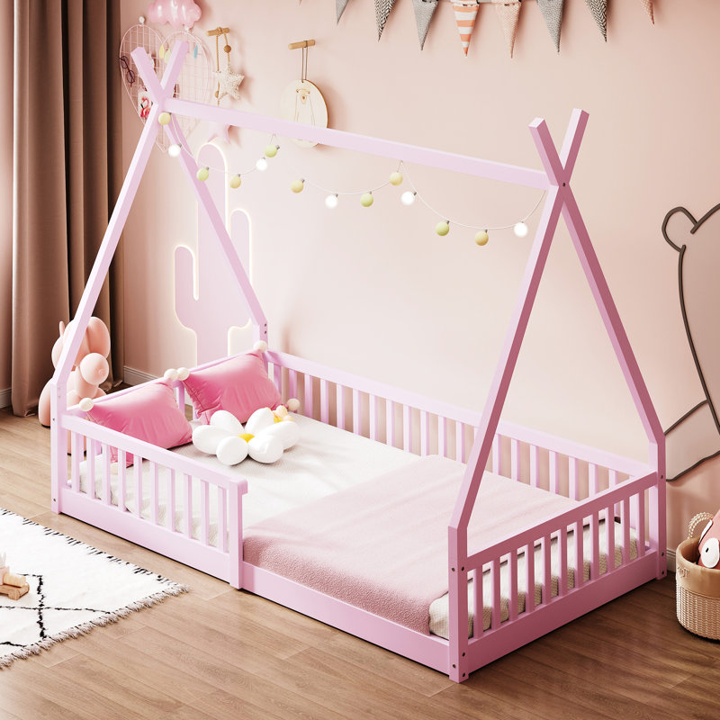 Lit simple avec clôture rose - Bois de pin massif pour une élégance stable, Rose