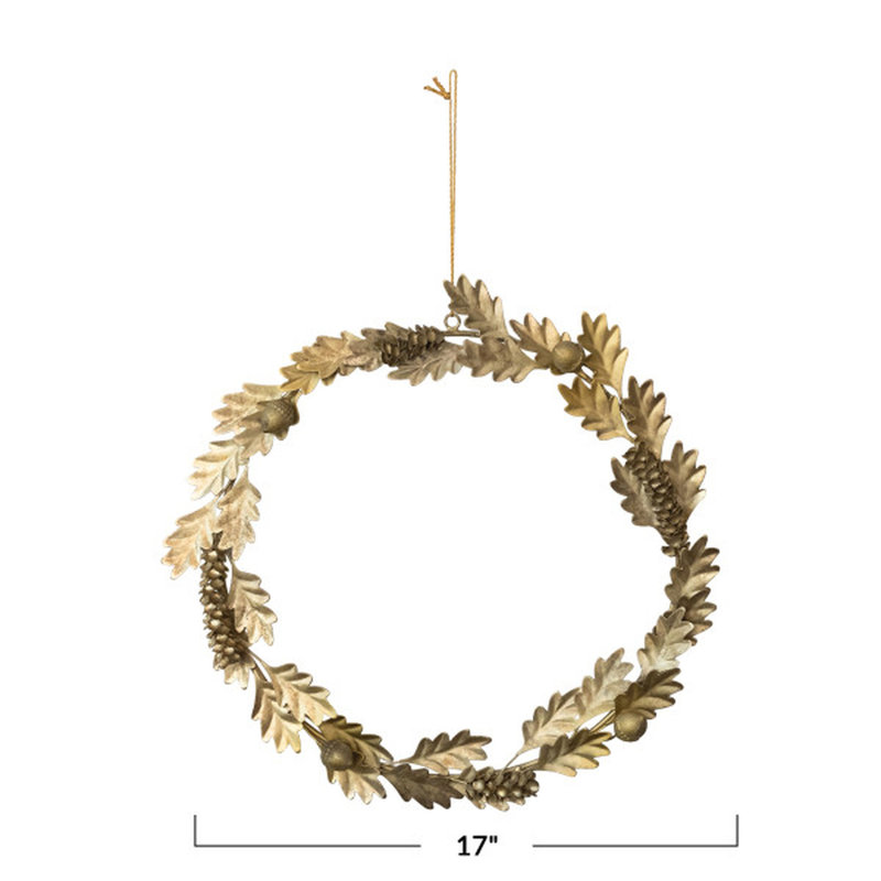 Couronne ronde en métal avec feuilles de chêne, pommes de pin et glands