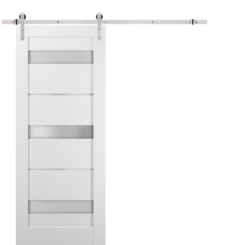 Porte coulissante de style grange avec quincaillerie de 2 m (6,6 pi) Quadro 4055 Blanc Soie avec rails en verre opaque dépoli, robustes portes intérieures à panneaux massifs en bois argenté - 61 cm x 213 cm (24 po x 84 po) - Rail argenté