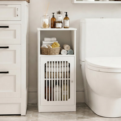 Bathroom Low Cabinet, Louvered Door Floor-Standing Bathroom Storage Cabinet, Multi-Layer Bathroom Storage Cabinet, White