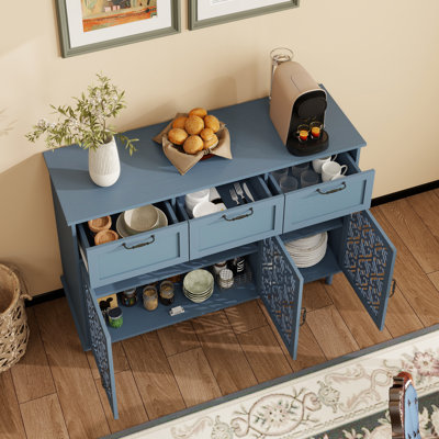 Armoire buffet 47,23 po avec rangement, armoire d'appoint avec 3 portes sculptées et 3 tiroirs, tablettes réglables pour la salle à manger, le salon et le vestibule