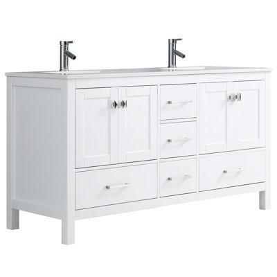 Meuble-lavabo de 60 po avec plateau en quartz blanc et 2 lavabos en céramique EEST VANITY - 9008
