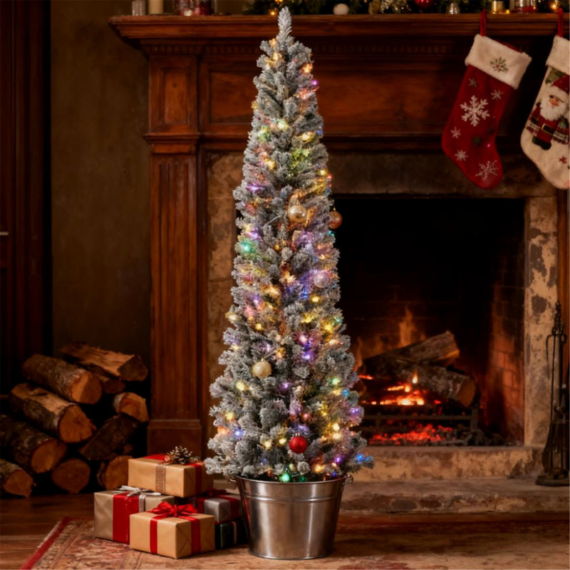 Arbre de Noël pré-éclairé avec lumières DEL bicolores, pointes et support en métal