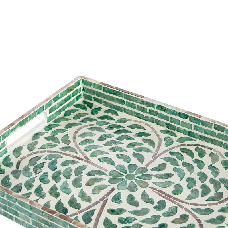 Alfreda Handmade Floral Capiz Shell Decorative Tray, Green, 1.8" H x 15" L x 11.8" W