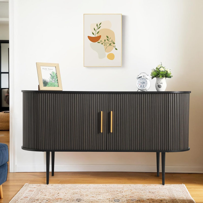 Buffet 55 "avec portes coulissantes cannelées, armoire de rangement Tambour avec tablettes, Noir