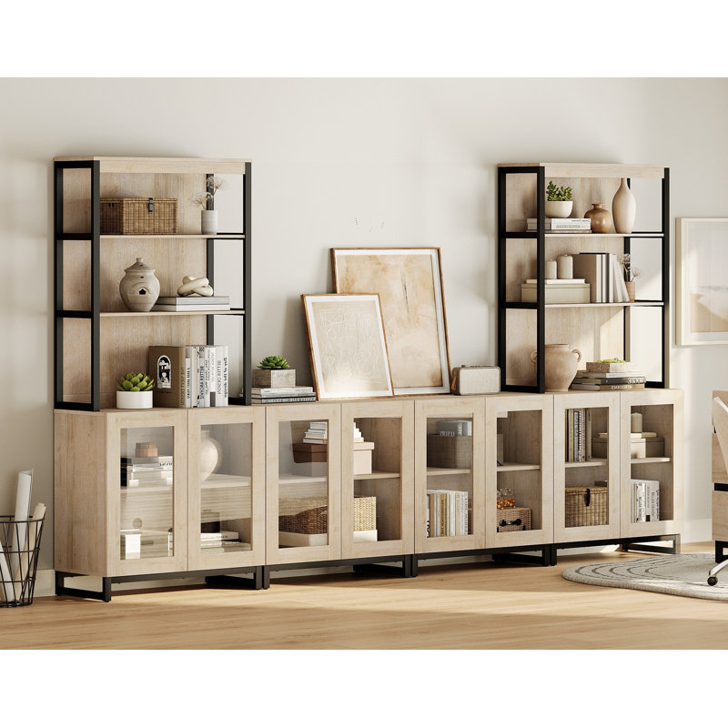 Modern 72" Tall Bookcases With Glass Doors And Adjustable Shelves, Library Book Shelf With Storage Cabinet And Open Book Shelfs, Wood Bookshelves For Home Office, Living Room, Beige