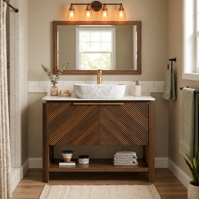 Meuble-lavabo cannelé diagonal 36 po avec comptoir en pierre frittée blanc Carrara, vasque autoportante en contreplaqué avec armoire durable et tablette ouverte