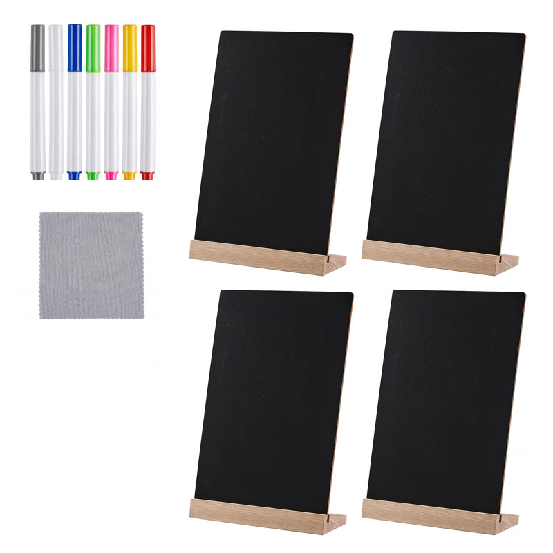 Ensemble de 4 mini panneaux de table avec support en bois de hêtre, panneaux d'affichage effaçables noirs de 11,69 x 8,26 pouces, ensemble complet avec 6 marqueurs à craie liquide et chiffon de nettoyage pour la fête de mariage au buffet de café