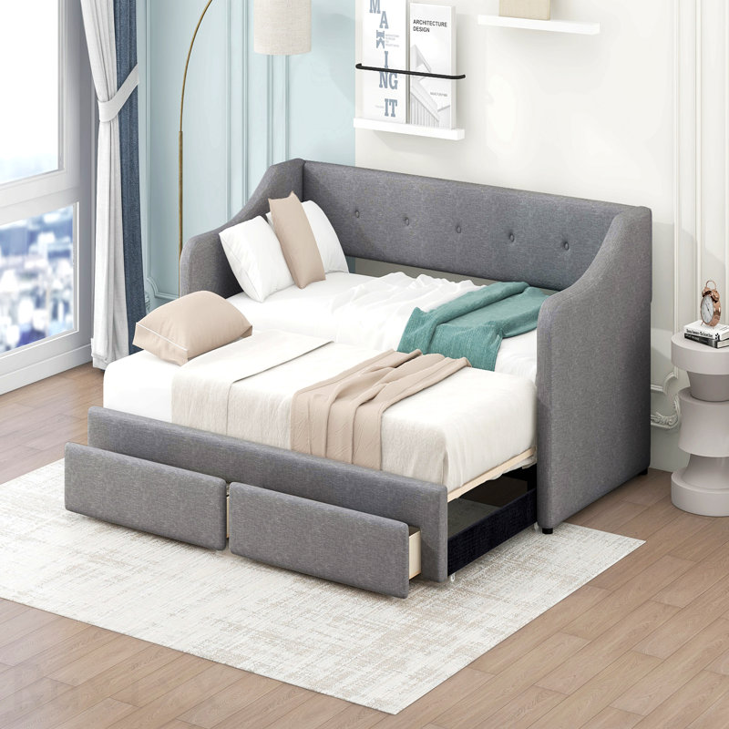 Lit de jour simple tapissier très grand avec deux tiroirs, gris, Gris