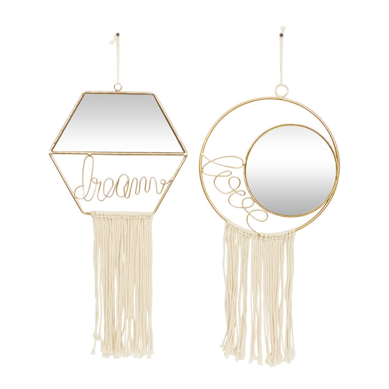 Gold Geometric Wall Mirrors with Fringe Tassels, Set of 2
