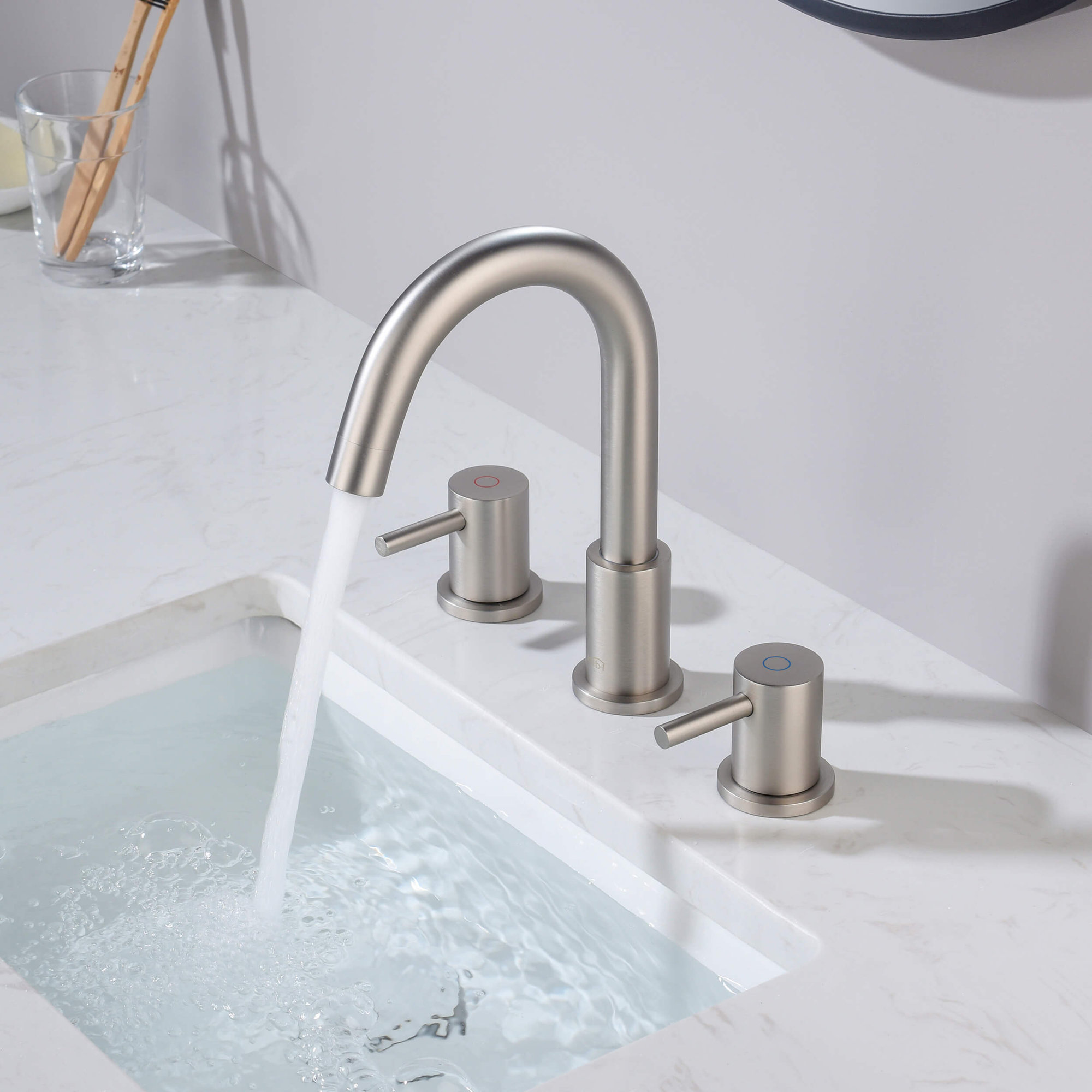 Circular Widespread Bathroom Faucet 3 Hole, 2-handle Bathroom Sink Faucet with Drain Assembly, Brushed Nickel