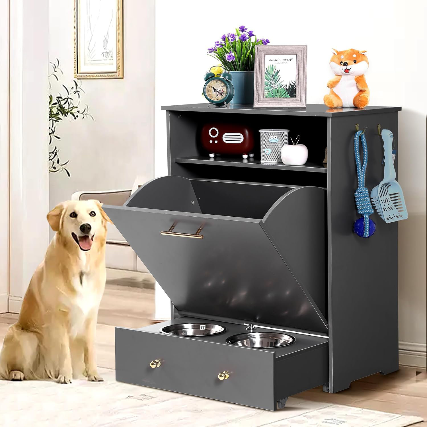 GIODIR Dog Feeding Station,Dog Food Storage Cabinet Container with 2 ...