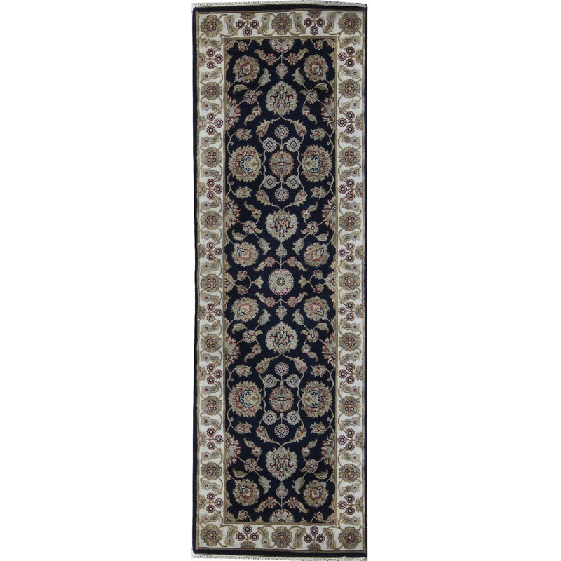Hand-Knotted High-Quality Black and Ivory Runner