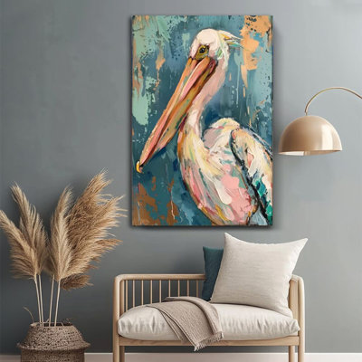 Canvas Wall Art, Pelican portrait, abstract colour brushstrokes, impressionist oil painting style Poster Framed Christian Painting Room Wall Decor, Ideal Gift For Bedroom Living Room Hallway Dorm, Ready To Hang