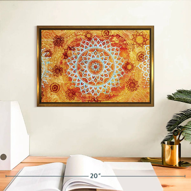 Soleil comme mandala, Cadre flottant doré, 13 po x 9 po