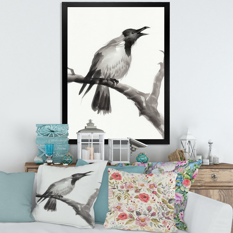 Corbeau qui pleure sur une branche - Peinture sur toile, Cadre noir, H 32 po x l 16 po x P 1 po