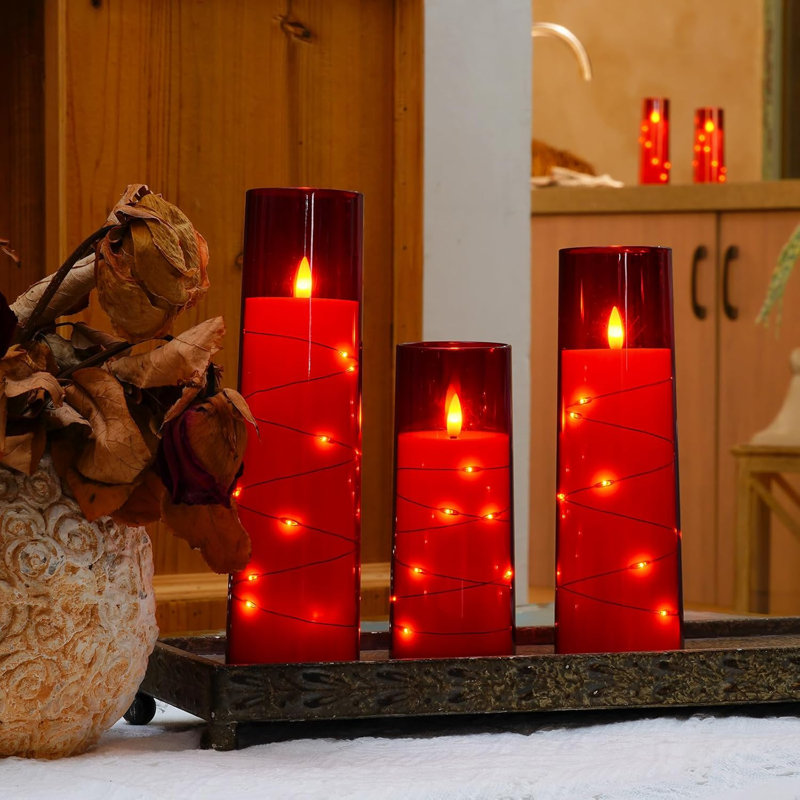 Flameless Led Candles With Embedded Star String, 5 Pcs Battery Operated Acrylic Pillar Candles With Timer And Remote, Flickering Candles For Romantic Ambiance And Home Decoration(red)