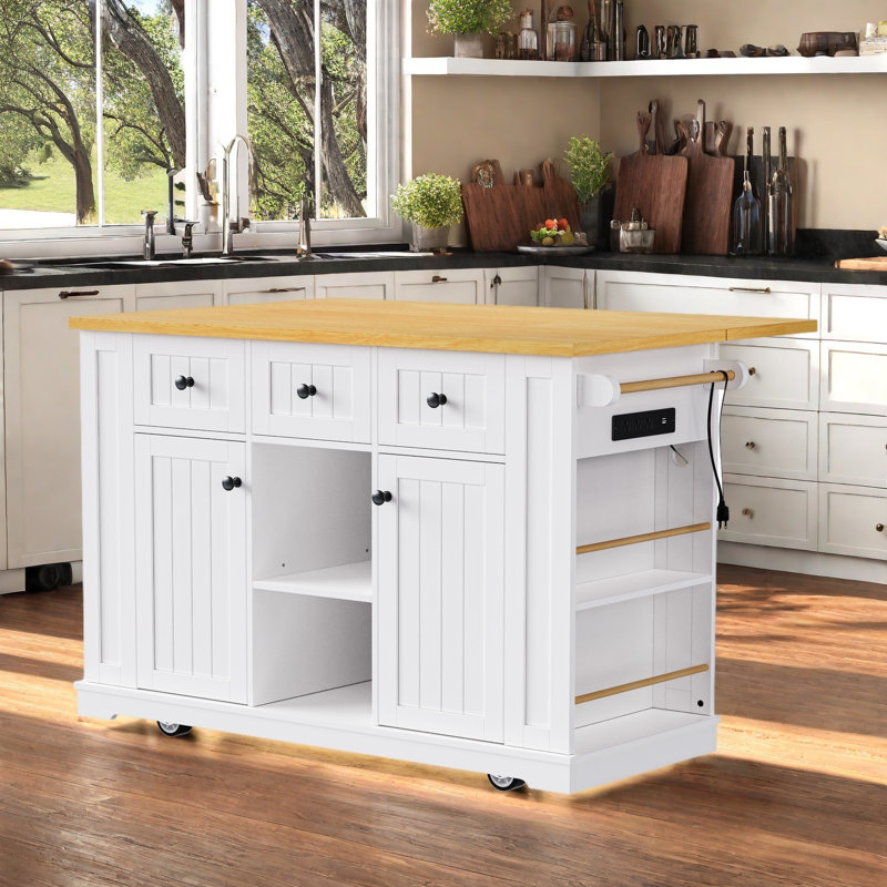 53inch Large Kitchen Island with Drop Leaf, Power Outlet, Door Storage, Rolling Kitchen Cart, White