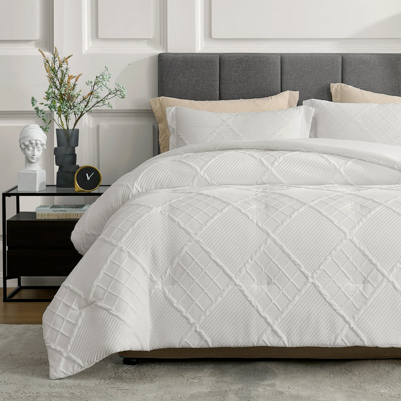 Luxeweave Jacquard Comforter Set For All Season, Queen Comforter + 2 Standard Pillowcases, White