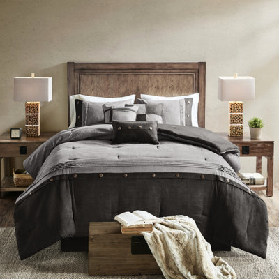 Grey King Comforter Package - 7 Piece Faux Suede, Decorative Bedding Pillows